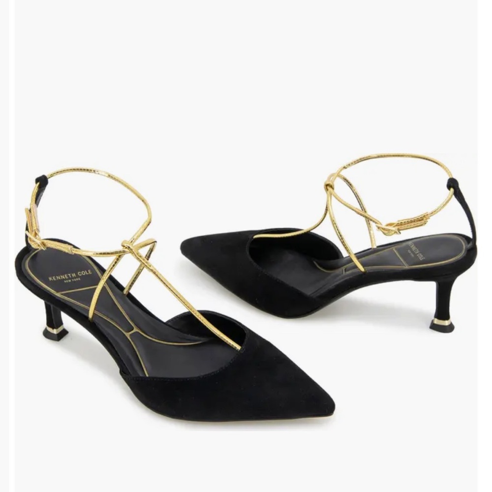 Kenneth Cole Umi Black and Gold T-Strap Heels